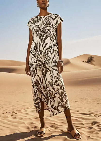 Art Brown Print Cotton Long Dress Summer