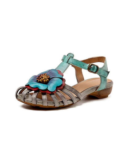Comfy Splicing Wedge Sandals Grey Cowhide Leather Hollow Out