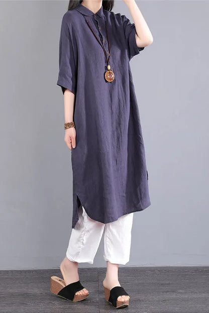 -summer Short-sleeved Long Shirt Color Cotton Linen Dress