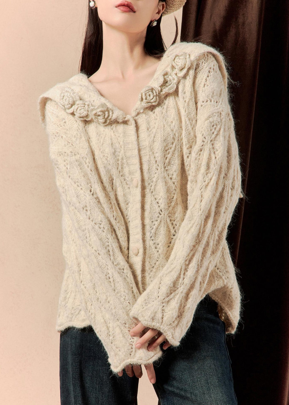 Beige Button Hollow Out Knit Sweaters Spring