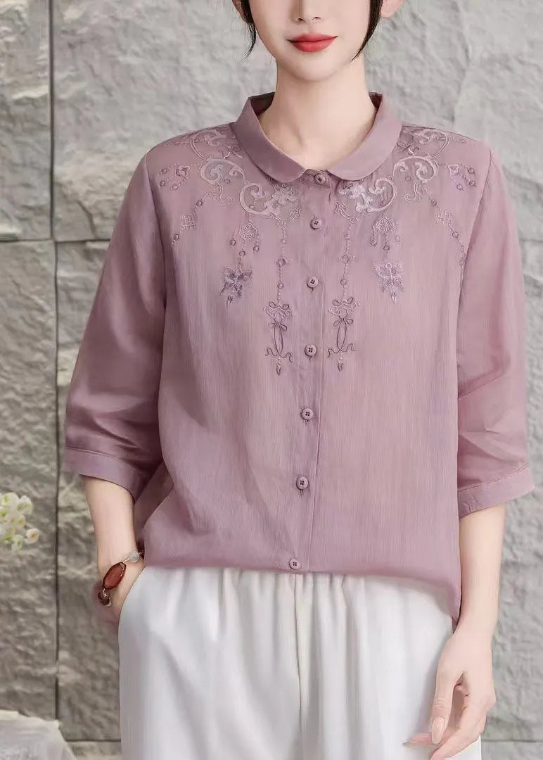 Loose Purple Peter Pan Collar Embroidered Linen Top Summer