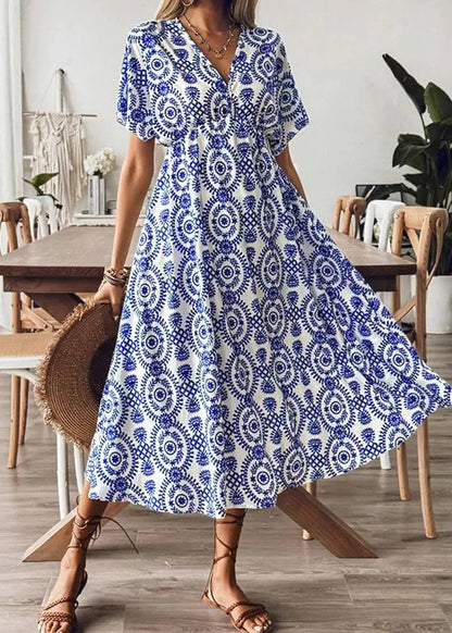 Blue V Neck Print Cotton Vacation Dresses Summer
