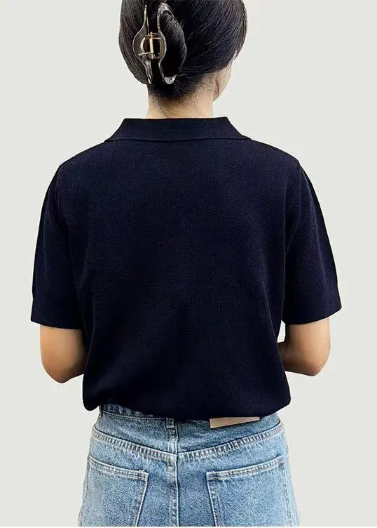 Simple Black Peter Pan Collar Cotton T Shirts Summer