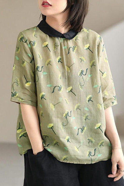Cotton Linen Breasted Print T-shirt