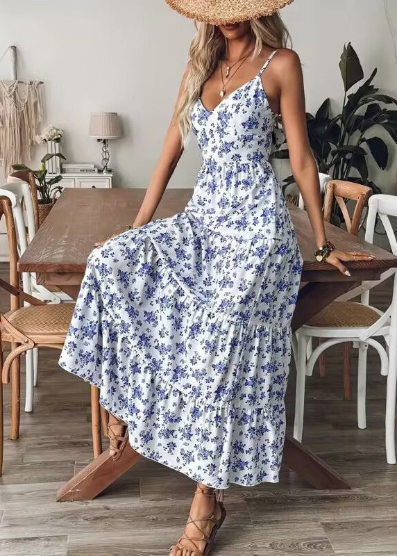 Blue Print Bow Cotton Spaghetti Strap Dress Summer