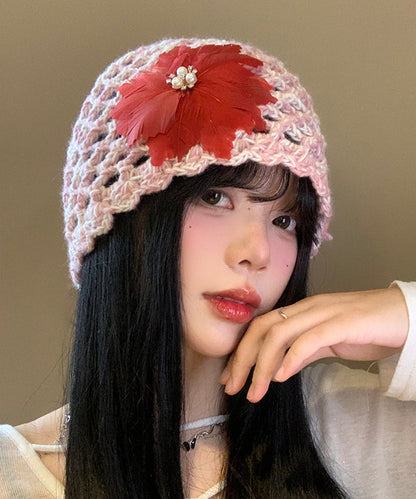 Handmade Pink Feather Hollow Out Knit Boonie Hat