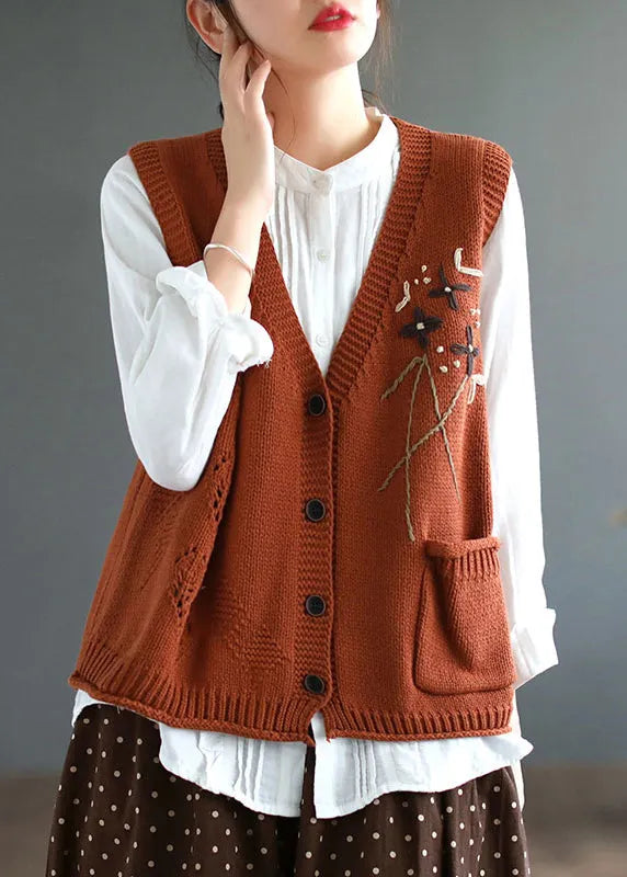 Yellow V Neck Button Patchwork Cotton Knit Waistcoat Sleeveless