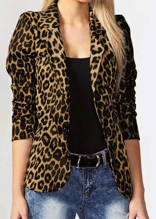 Brown Leopard Notched Cotton Suit Coat Fall