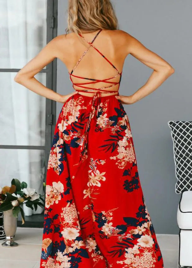Red Print Backless Cotton Spaghetti Strap Dresses Summer