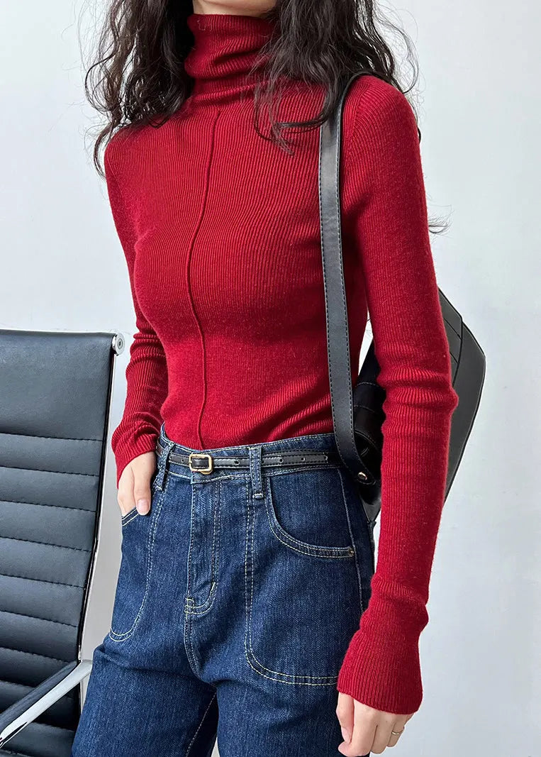Red Turtleneck Cotton Knit Sweaters Fall