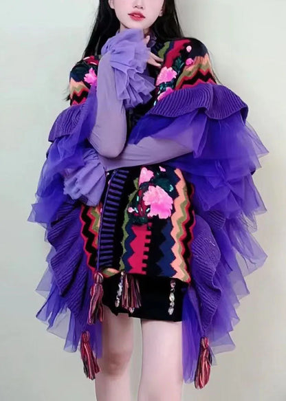 Purple V Neck Tulle Patchwork Embroideried Knit Cape Long Sleeve