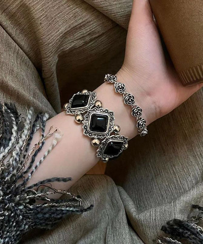 Modern Black Sterling Silver Gem Stone Two-piece Set Chain Bracelet