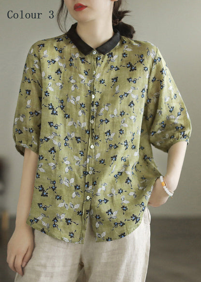 Colour 1 Peter Pan Collar Print Button Linen Shirt Half Sleeve