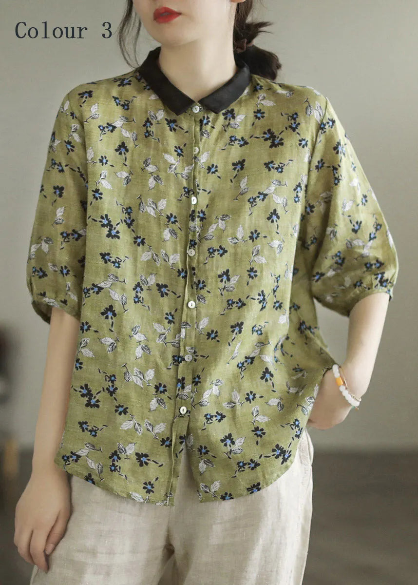 Colour 1 Peter Pan Collar Print Button Linen Shirt Half Sleeve