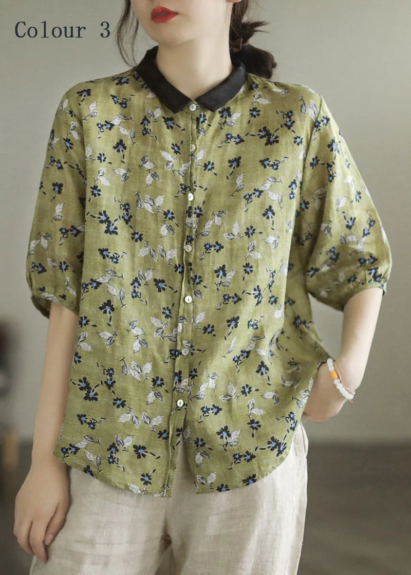 Colour 1 Peter Pan Collar Print Button Linen Shirt Half Sleeve