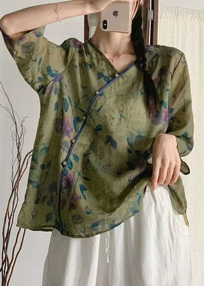 Navy V Neck Print Patchwork Linen Blouse Tops Summer