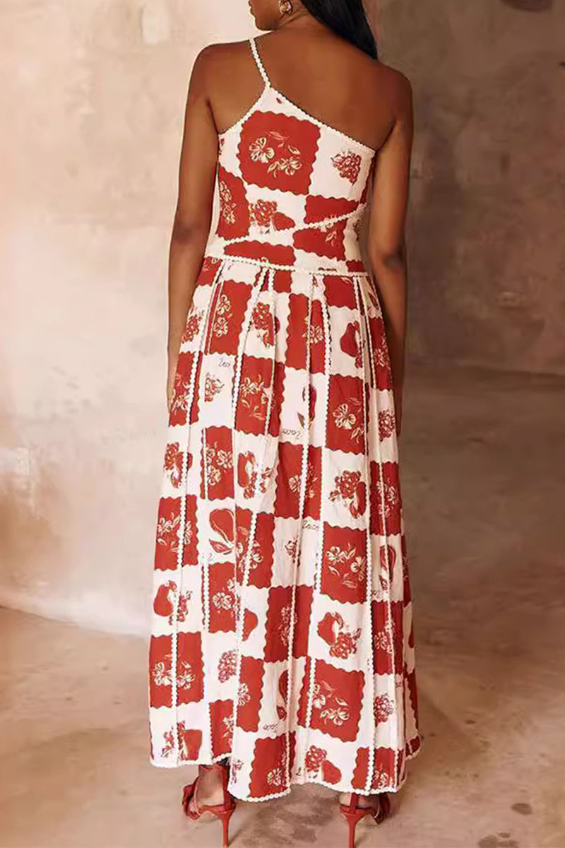 Fruit Print Lace Patchwork Oblique Collar Irregular Dresses
