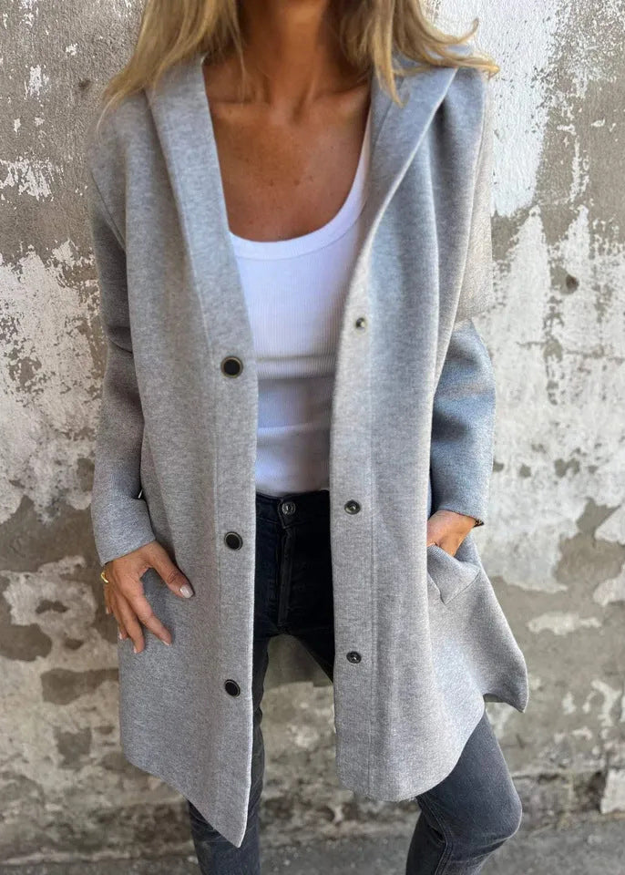 Grey Hooded Button Pockets Cotton Coat Fall