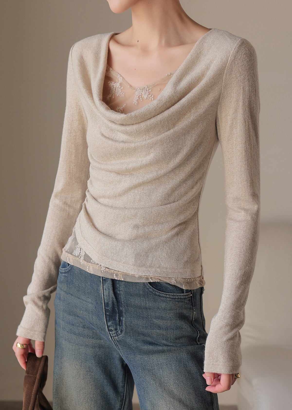 Light Grey Patchwork Knit Tops Spring