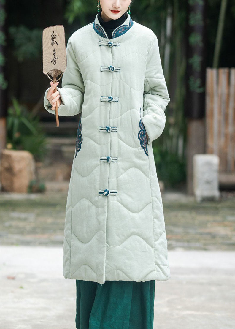 Khaki Stand Collar Embroidered Lengthen Fine Cotton Filled Witner Coat