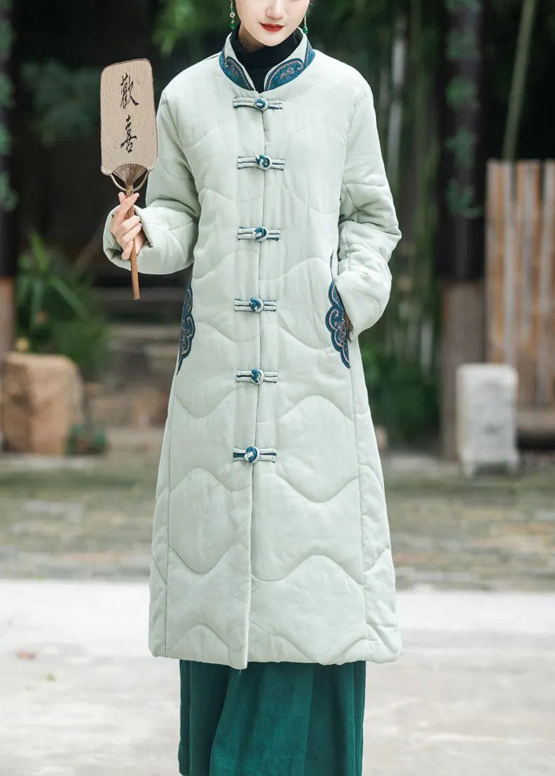 Khaki Stand Collar Embroidered Lengthen Fine Cotton Filled Witner Coat