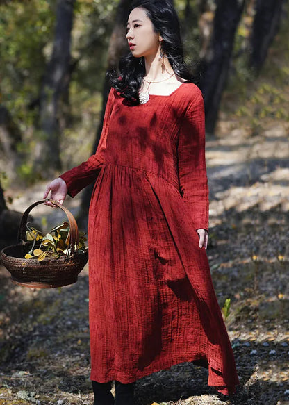 New Wine Red Wrinkled Wear on Both Sides Cotton Dresses Long Sleeve