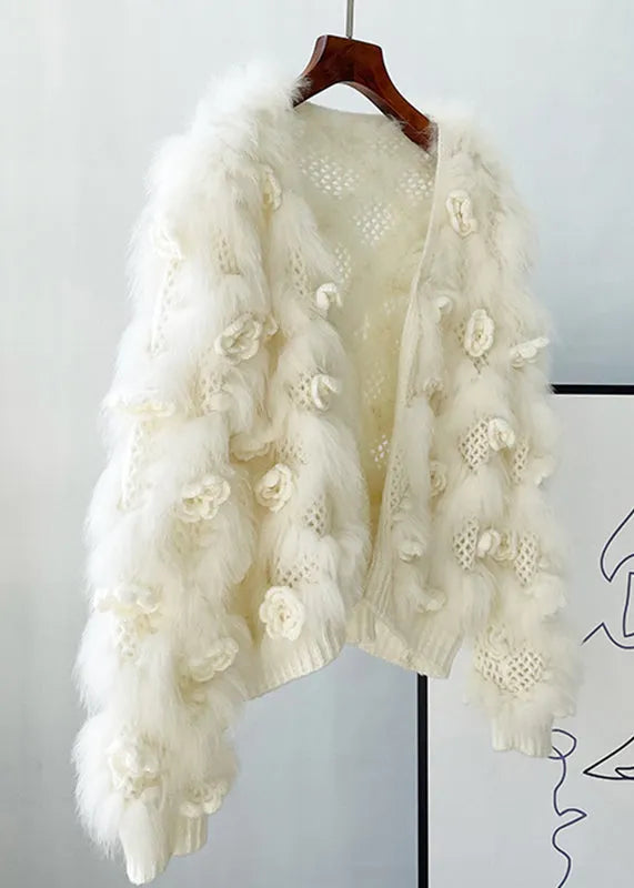 White Hollow Out Mink Hair Knitted Coat Winter