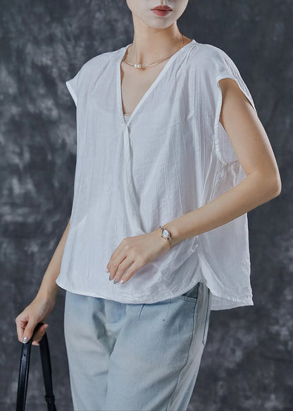White V Neck Wrinkled Linen Tops Summer