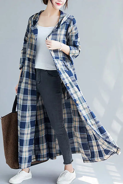 Cotton Linen Plaid Dress Hooded Cardigan