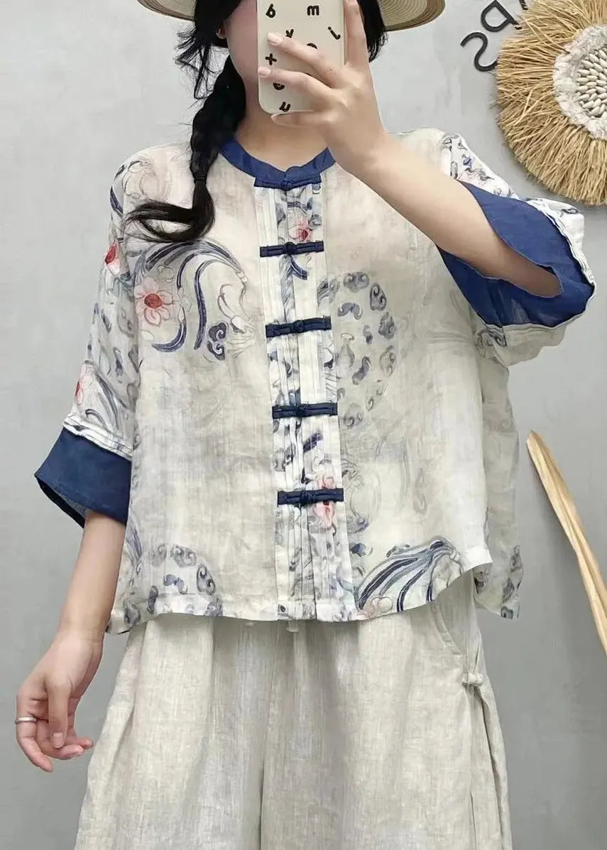 Chinese Style Blue Print Patchwork Linen Shirts Summer