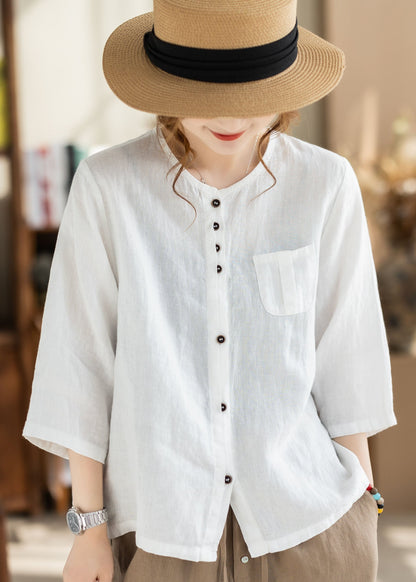 Loose Orange O Neck Button Pockets Linen Tops Bracelet Sleeve