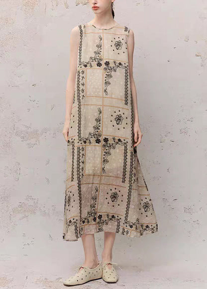O-neck Print Ramie Maxi Dress Summer