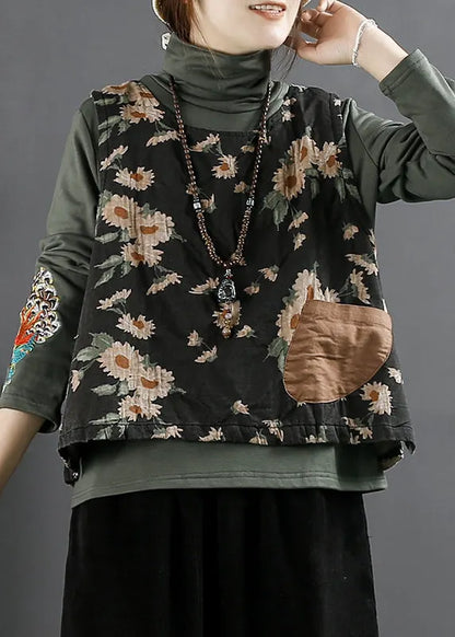 Orange O Neck Print Pockets Thick Waistcoat Sleeveless