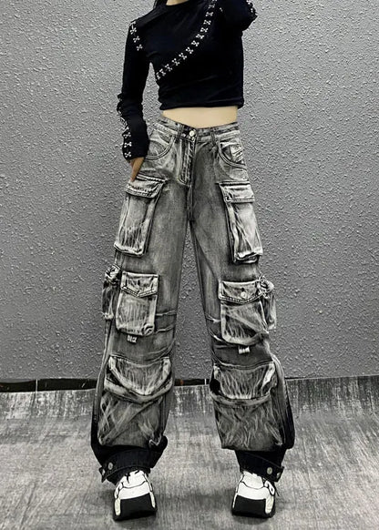 Gray Black Multi Pocket Denim Pants Autumn