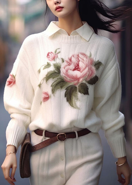 White O Neck Print Cozy Knit Sweaters Fall