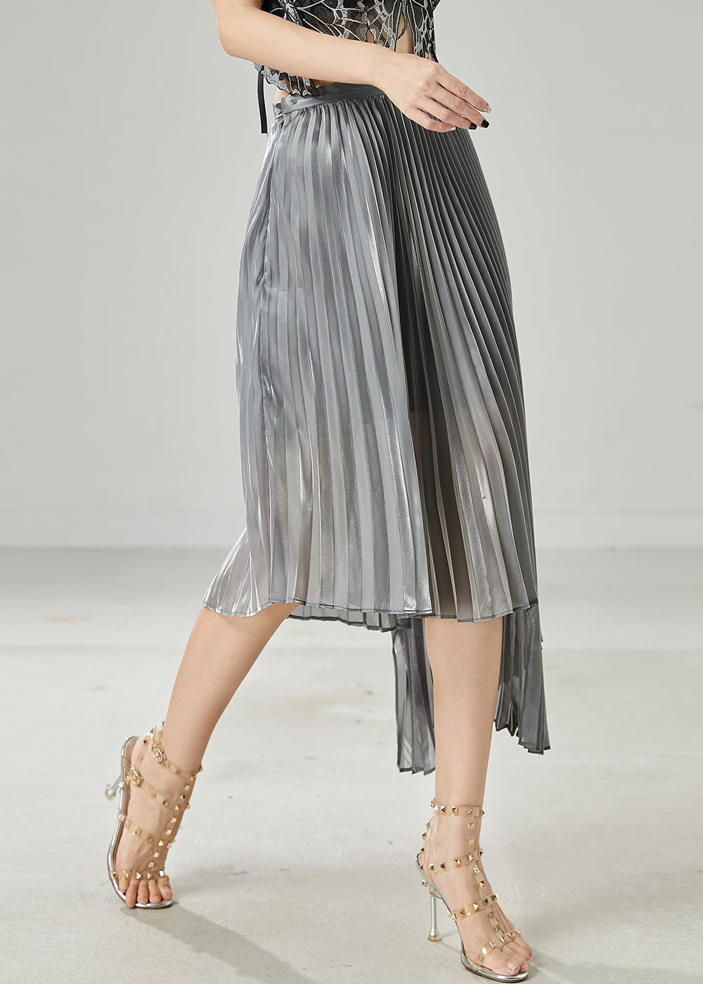 Grey Asymmetrical Design Chiffon Pleated Skirt Summer