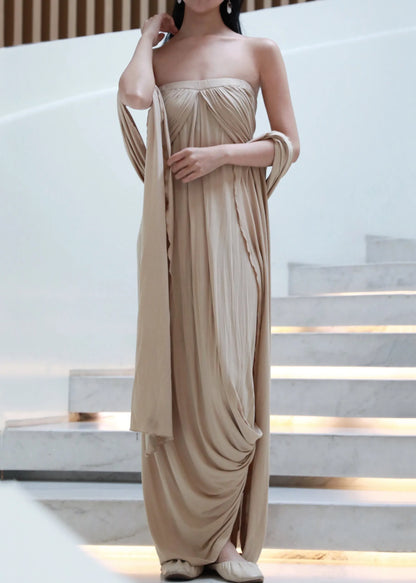 French Khaki Off the Shoulder Wrinkled Cotton Long Dresses Sleeveless
