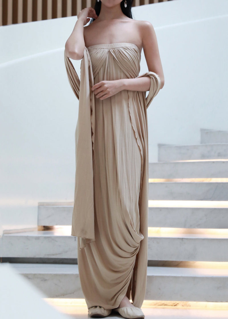 French Khaki Off the Shoulder Wrinkled Cotton Long Dresses Sleeveless