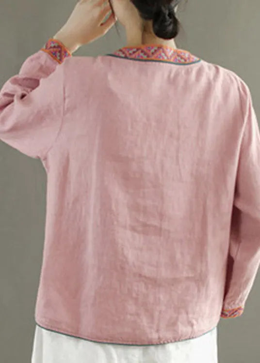 Blue V Neck Embroidered Button Linen Shirt Long Sleeve