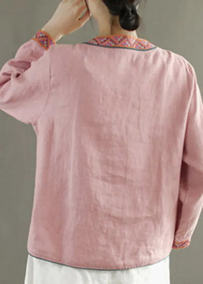 Blue V Neck Embroidered Button Linen Shirt Long Sleeve