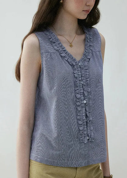 Art Blue Ruffled Button Wear on Both Sides Cotton Blouses Sleeveless