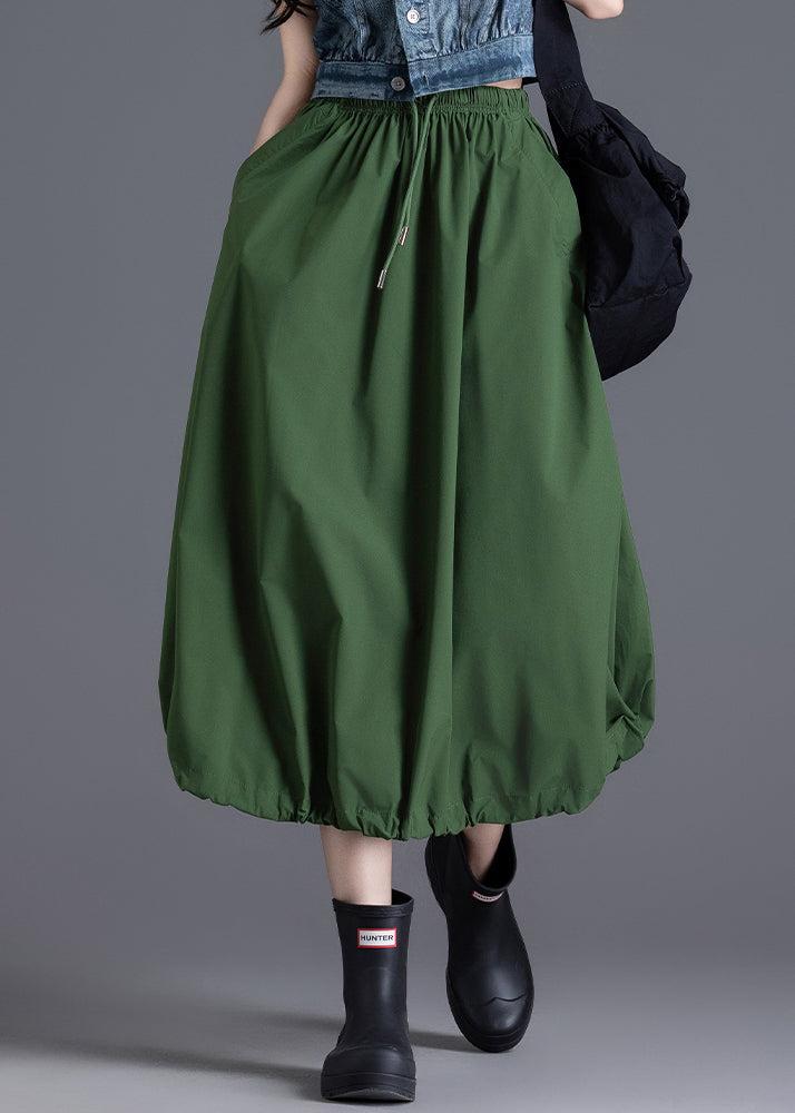 Diy Army Green Elastic Waist Drawstring Cotton Skirt Spring