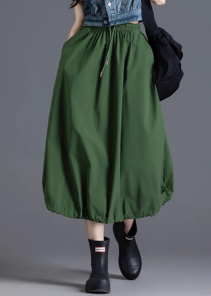 Diy Army Green Elastic Waist Drawstring Cotton Skirt Spring