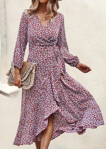 Blue V Neck Print Ruffled Lace Up Chiffon Dress Long Sleeve