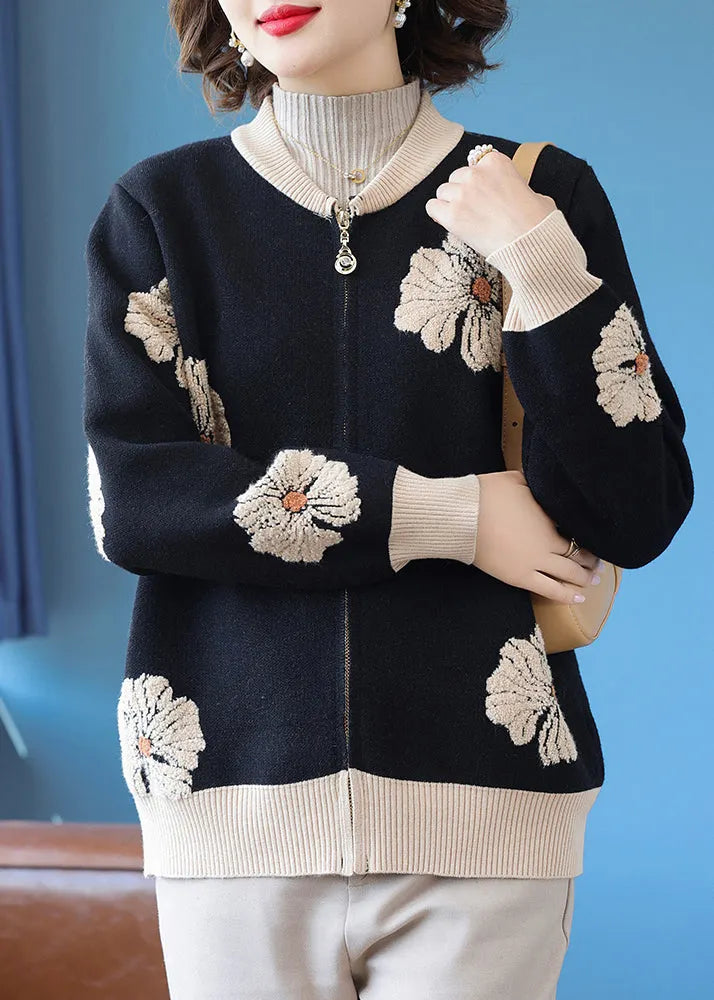 Modern Black O-neck Print Knitted Cotton Cardigans Fall