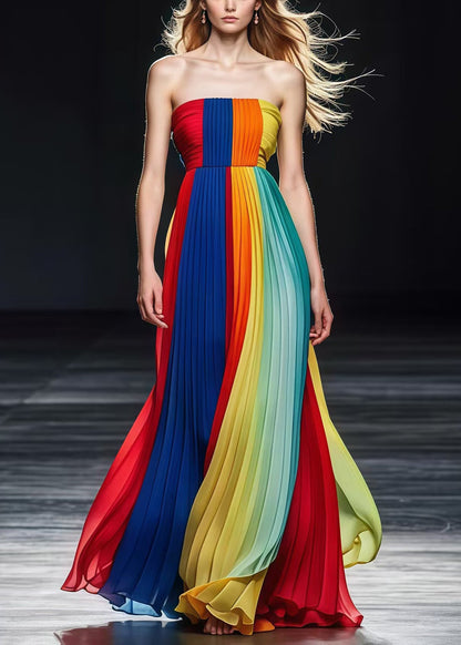 Colorblock Bustier Top Silm Fit Chiffon Strapless Pleated Dresses Summer