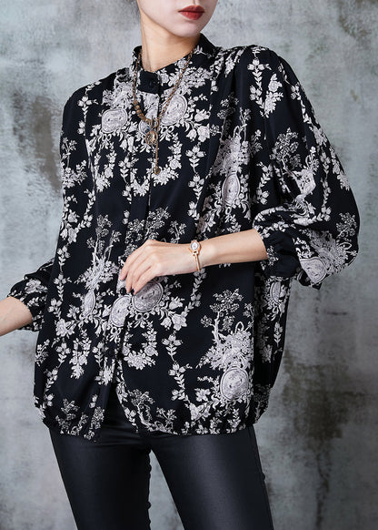 Black Stand Collar Print Chiffon Shirts Summer