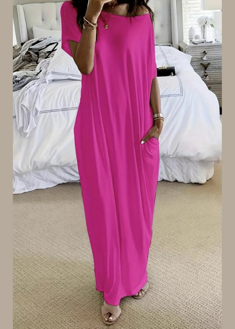 Simple White Slash Neck Cotton Long Dress Batwing Sleeve