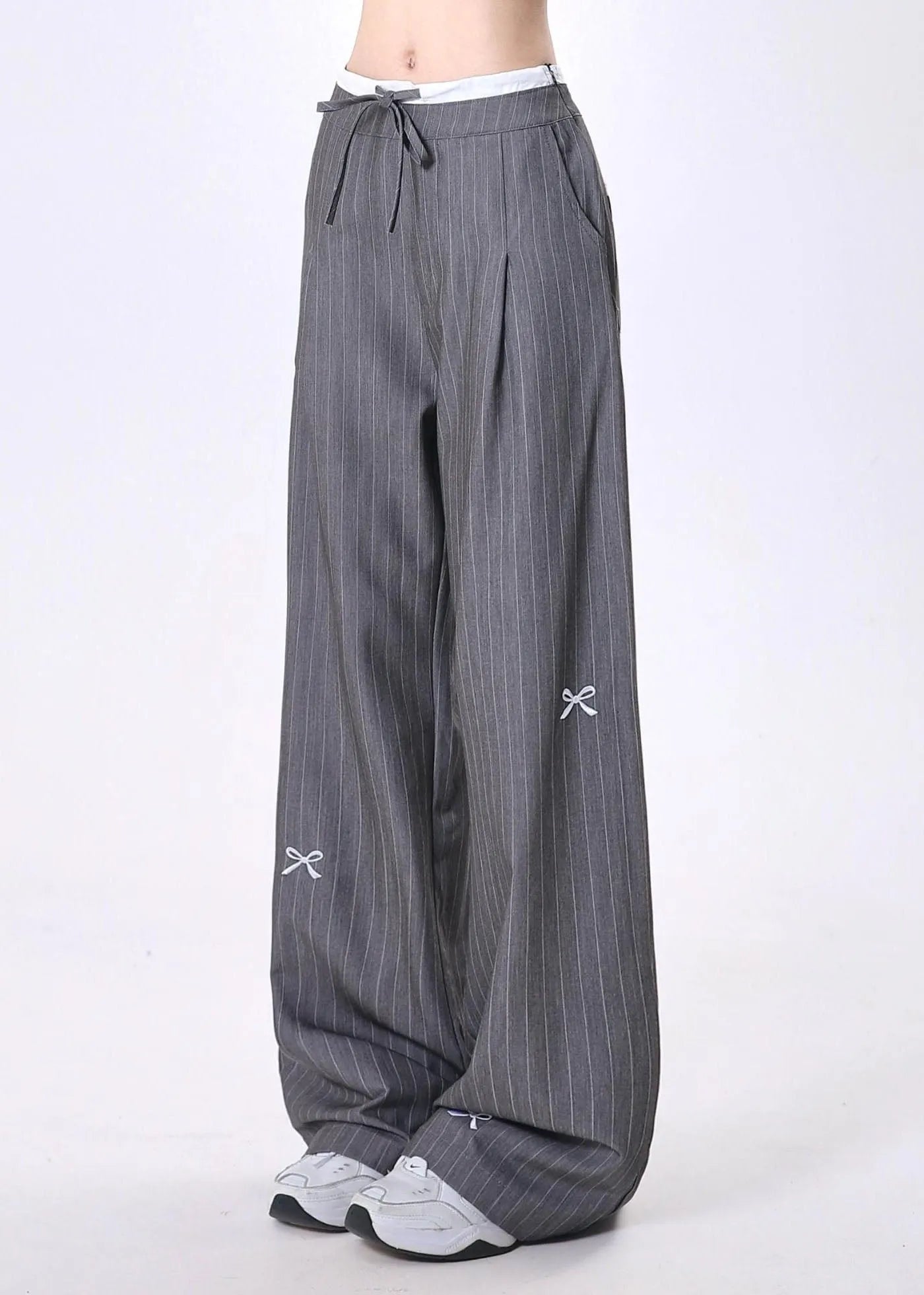 Grey Embroidered Bow Striped Patchwork Cotton Pants Spring