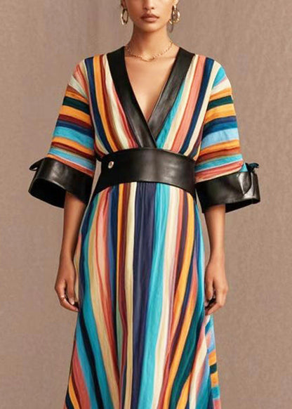 Rainbow Cinched Patchwork Pu Cotton Long Dress Summer